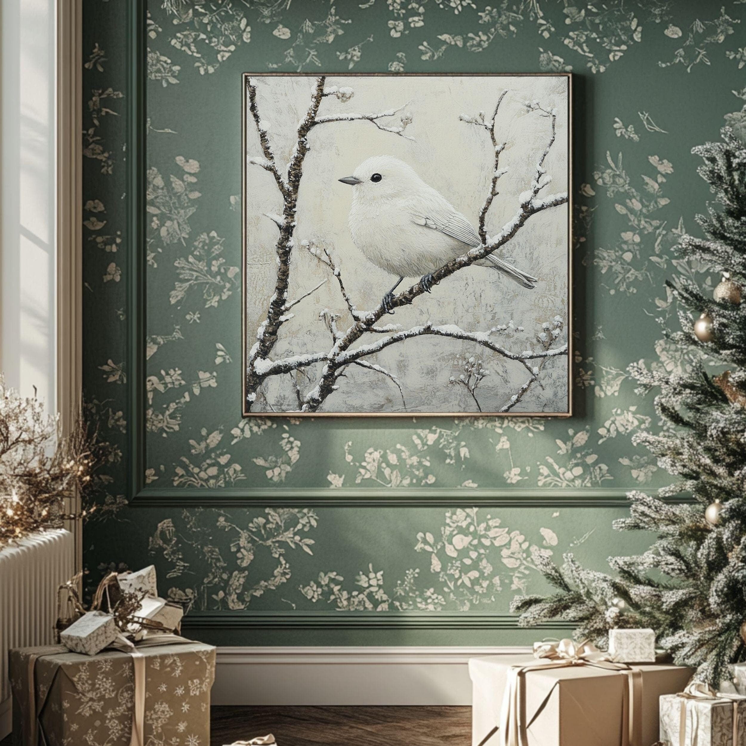 White Winter Bird Canvas Wall Art, Bird Artwork Christmas Home Decor, Cozy Winter Poster, Black Framed Canvas Art, Winter Porch Wall Decor