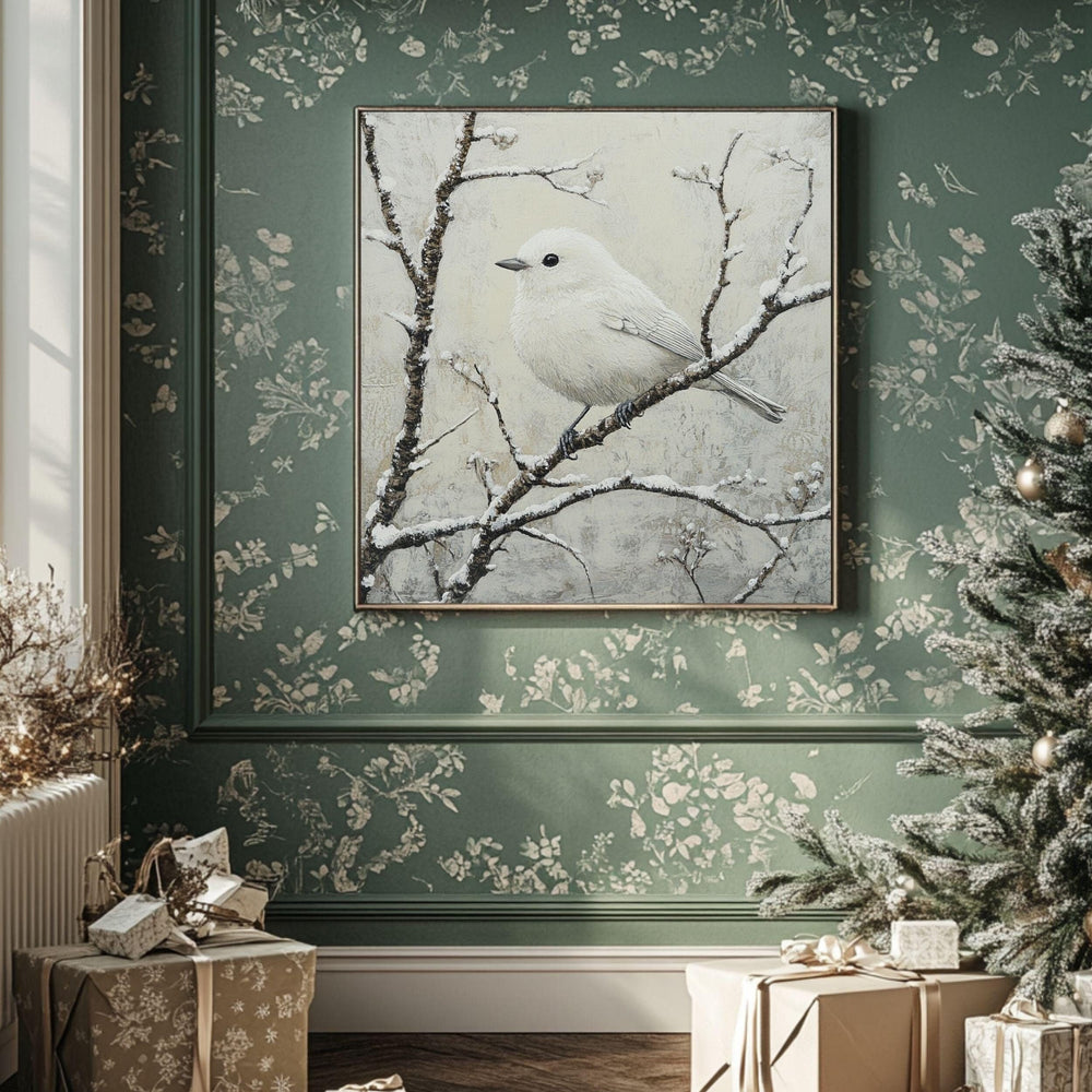 White Winter Bird Canvas Wall Art, Bird Artwork Christmas Home Decor, Cozy Winter Poster, Black Framed Canvas Art, Winter Porch Wall Decor