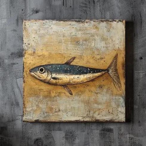 Primitive Sardine Canvas, Coastal Wall Art, Vintage Fish Wall Art, Nature-Inspired Framed Wall Art, Grandma Gift, Living Room Framed Art