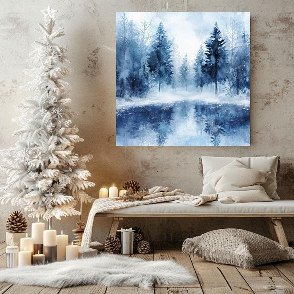 Winter Forest Wall Art, Black Framed Wall Art for Living Room, Blue Forest Wall Art, Nature Wall Art, Christmas Wall Art, Winter Poster