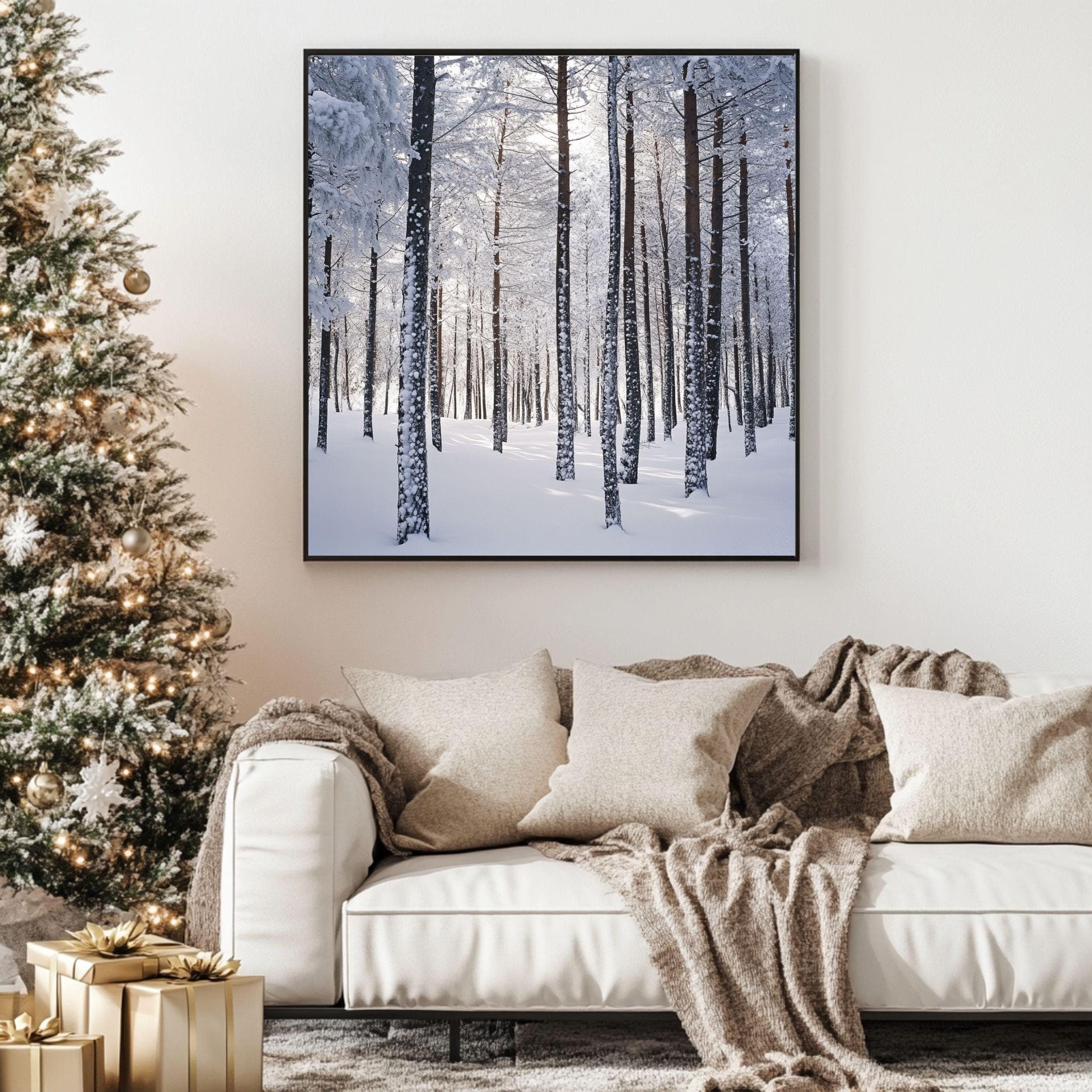 Snowy Forest Scene Canvas Wall Art, Cozy Winter Trees Poster, Serene Christmas Home Decor, Black Framed Christmas Art, Winter Nature Decor