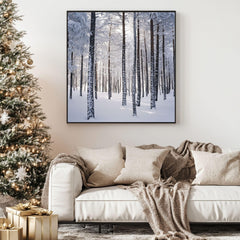 Snowy Forest Scene Canvas Wall Art, Cozy Winter Trees Poster, Serene Christmas Home Decor, Black Framed Christmas Art, Winter Nature Decor