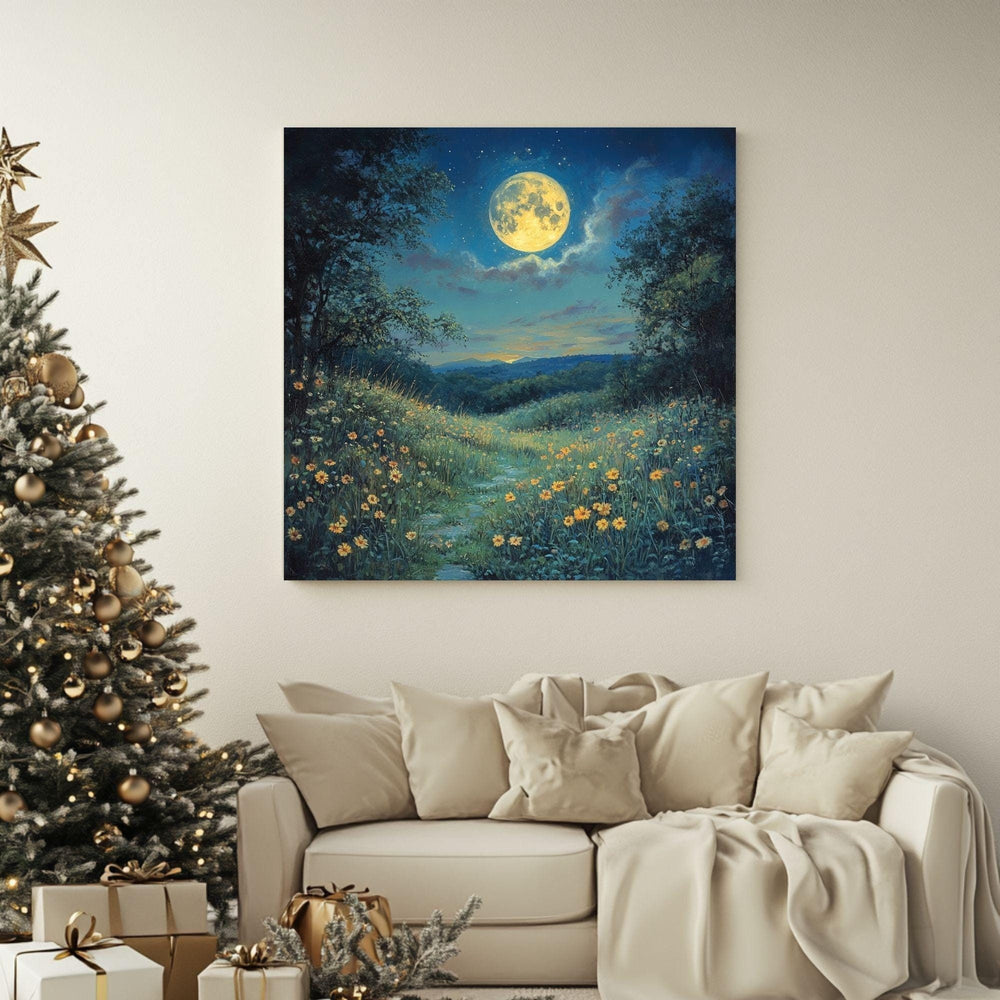 Moon Above Wildflowers Canvas Wall Art, Boho Wall Decor, Mystical Night Landscape Print, Nature-Inspired Home Decor