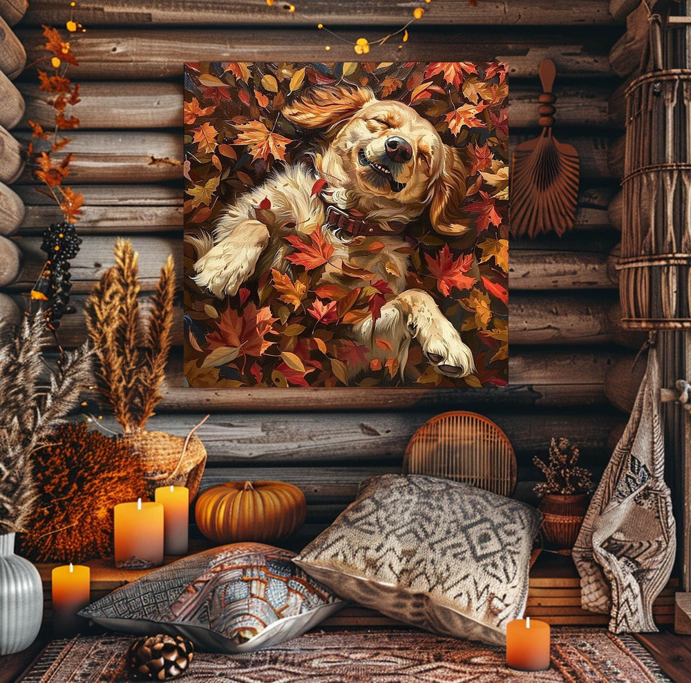 Golden Retriever Autumn Wall Art, Fall Painting-Stretched Canvas Print, Dog Lover Farmhouse Decor, Rustic Wall Art Fall, Farmhouse Wall Art