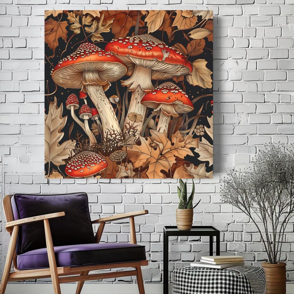 William Morris Inspired Mushrooms Canvas Vintage Mushroom Cottagecore Canvas Wall Art Botanical Mushroom Illustration Housewarming Present