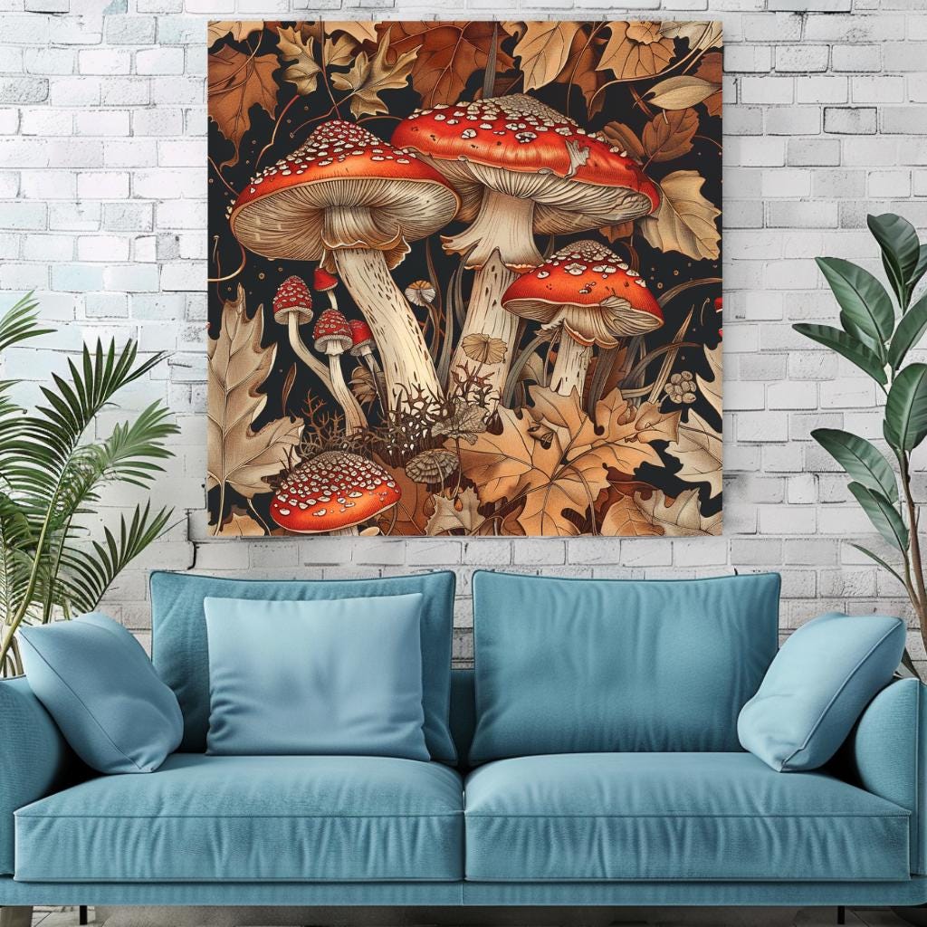 William Morris Inspired Mushrooms Canvas Vintage Mushroom Cottagecore Canvas Wall Art Botanical Mushroom Illustration Housewarming Present