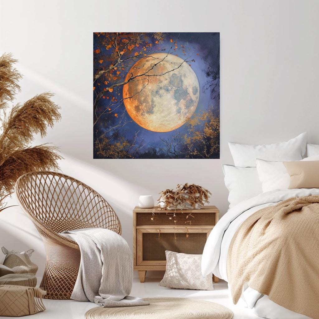 Golden Moon Enchanting Canvas Wall Art, Lunar Art Black Framed Wall Art Decor, Celestial Bewitching Art Ready to Hang Wall Magical Art Decor