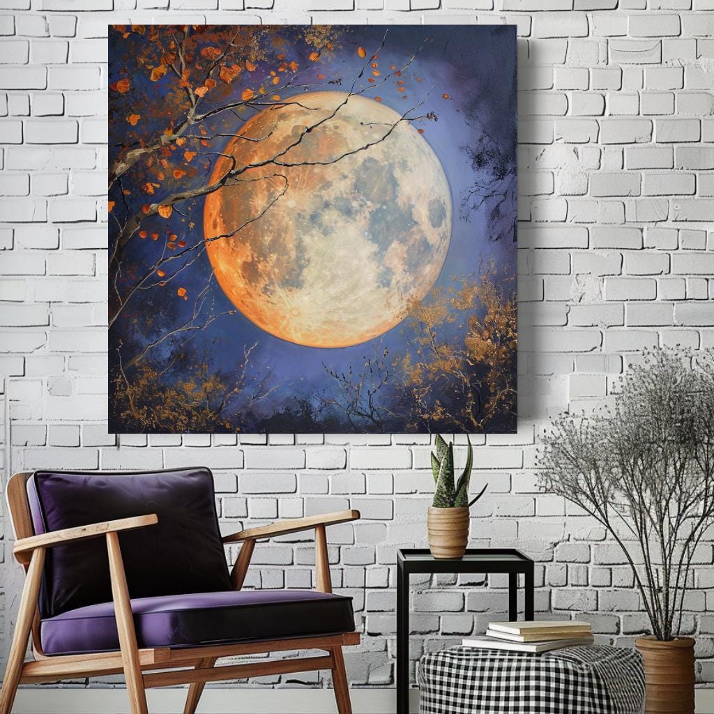 Golden Moon Enchanting Canvas Wall Art, Lunar Art Black Framed Wall Art Decor, Celestial Bewitching Art Ready to Hang Wall Magical Art Decor