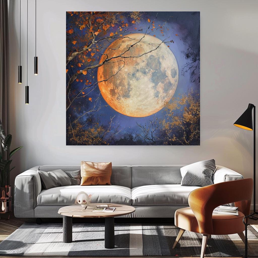 Golden Moon Enchanting Canvas Wall Art, Lunar Art Black Framed Wall Art Decor, Celestial Bewitching Art Ready to Hang Wall Magical Art Decor