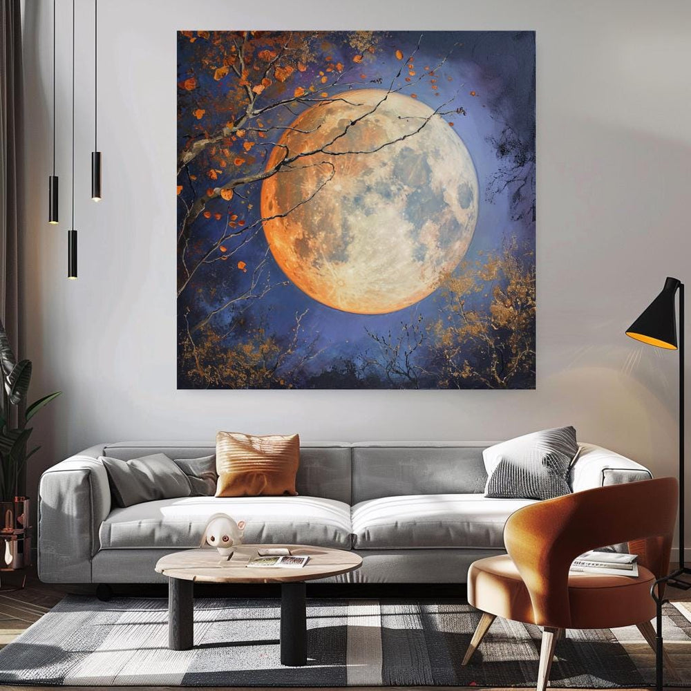 Golden Moon Enchanting Canvas Wall Art, Lunar Art Black Framed Wall Art Decor, Celestial Bewitching Art Ready to Hang Wall Magical Art Decor