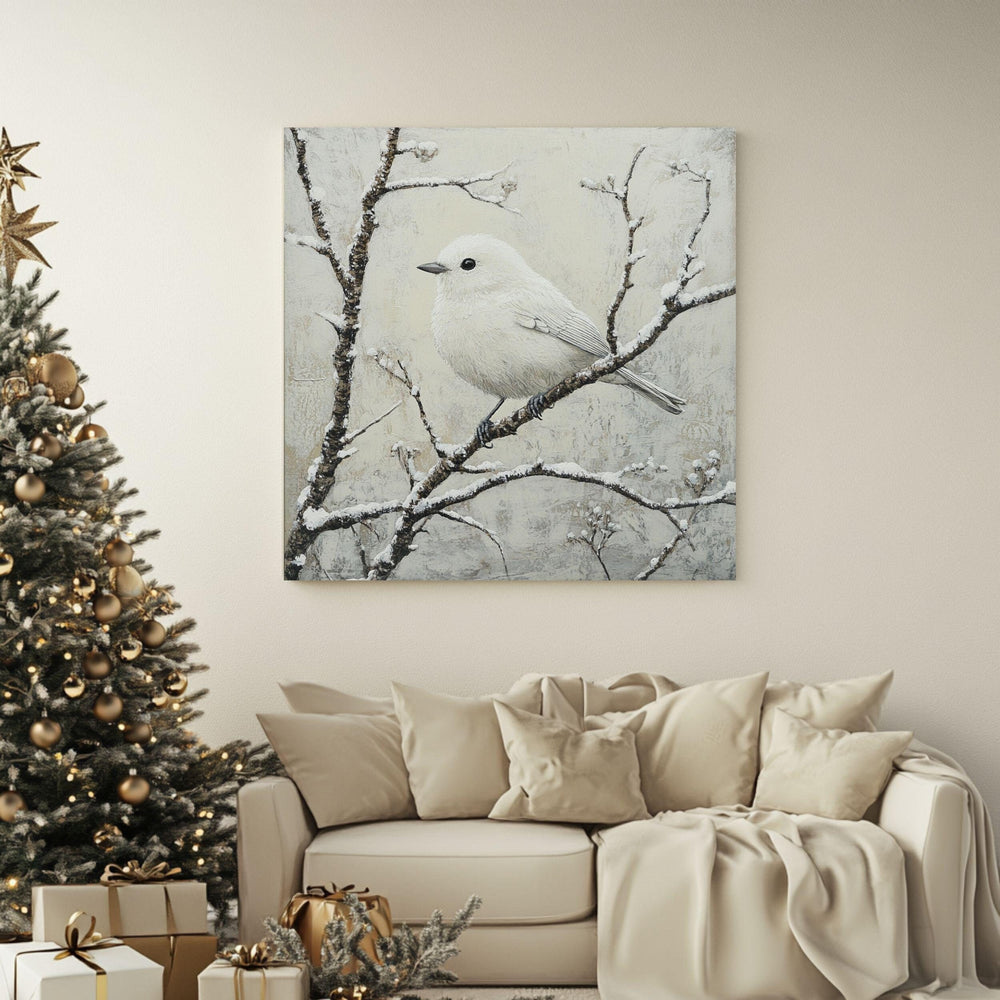 White Winter Bird Canvas Wall Art, Bird Artwork Christmas Home Decor, Cozy Winter Poster, Black Framed Canvas Art, Winter Porch Wall Decor