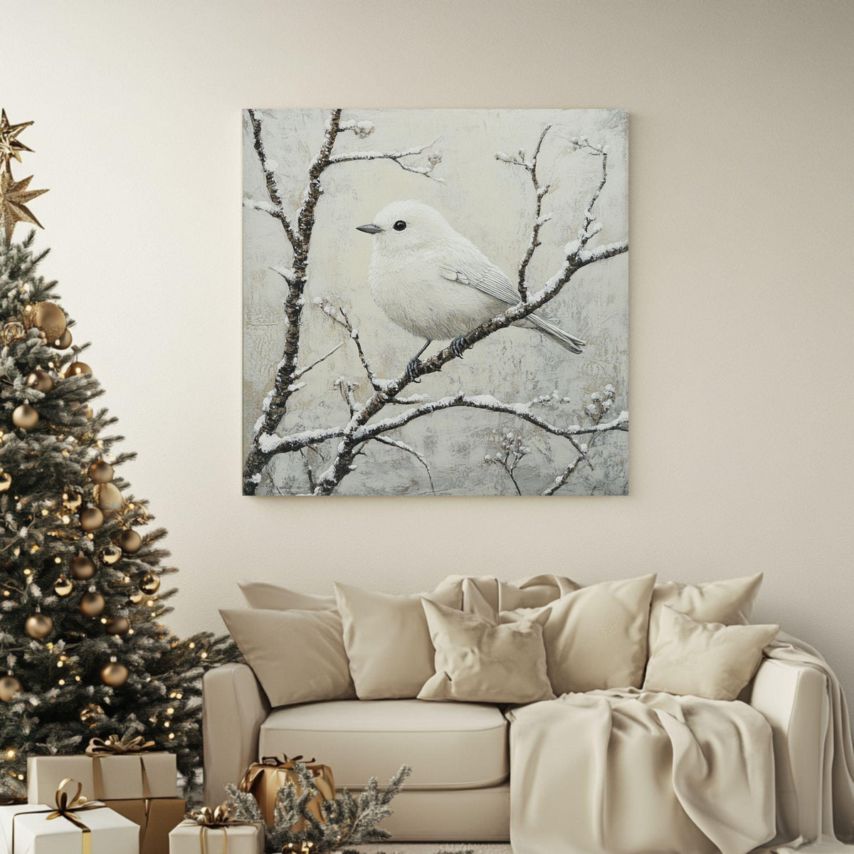 White Winter Bird Canvas Wall Art, Bird Artwork Christmas Home Decor, Cozy Winter Poster, Black Framed Canvas Art, Winter Porch Wall Decor