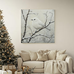 White Winter Bird Canvas Wall Art, Bird Artwork Christmas Home Decor, Cozy Winter Poster, Black Framed Canvas Art, Winter Porch Wall Decor