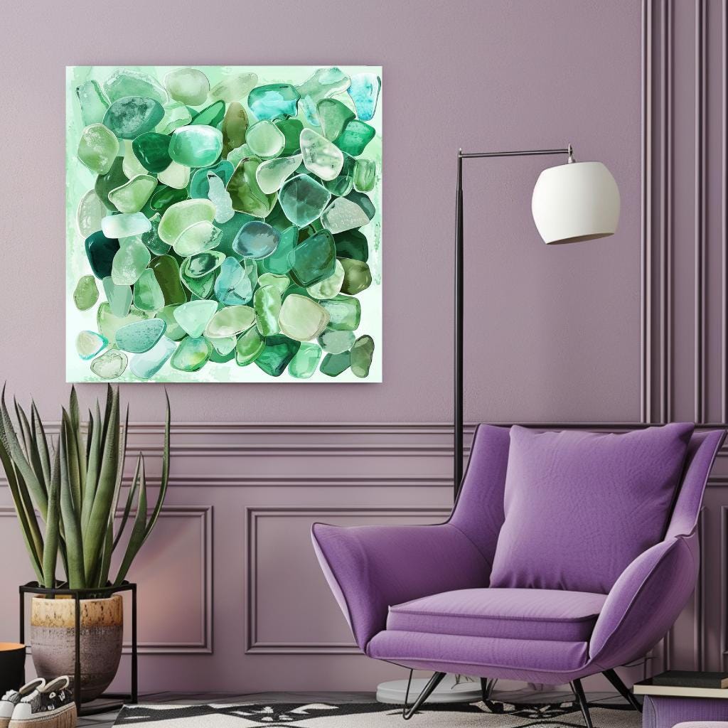 Seaglass Coastal Home Decor, Tropical Wall Art, Beach Decor, Green Wall Art, Ready To Hang Decor, Ocean Watercolor Canvas, Summer Stone Art