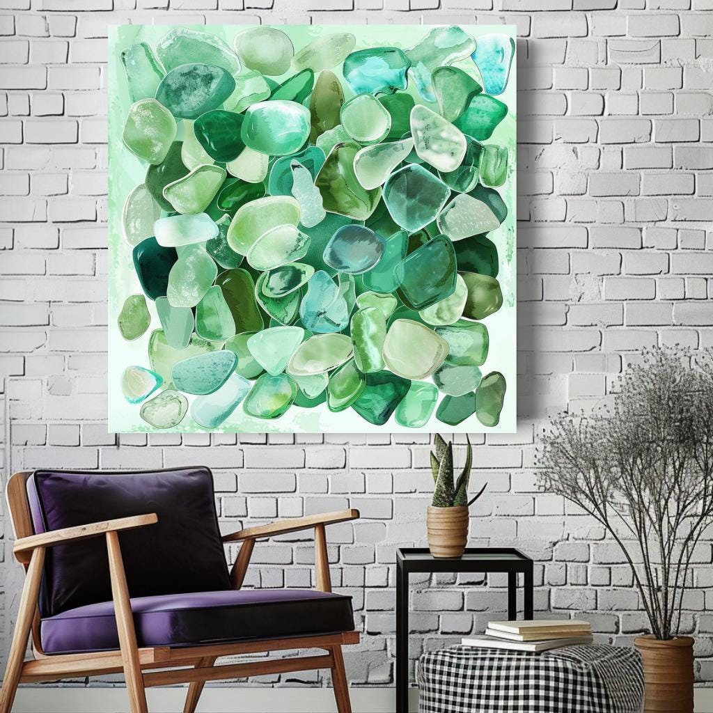 Seaglass Coastal Home Decor, Tropical Wall Art, Beach Decor, Green Wall Art, Ready To Hang Decor, Ocean Watercolor Canvas, Summer Stone Art