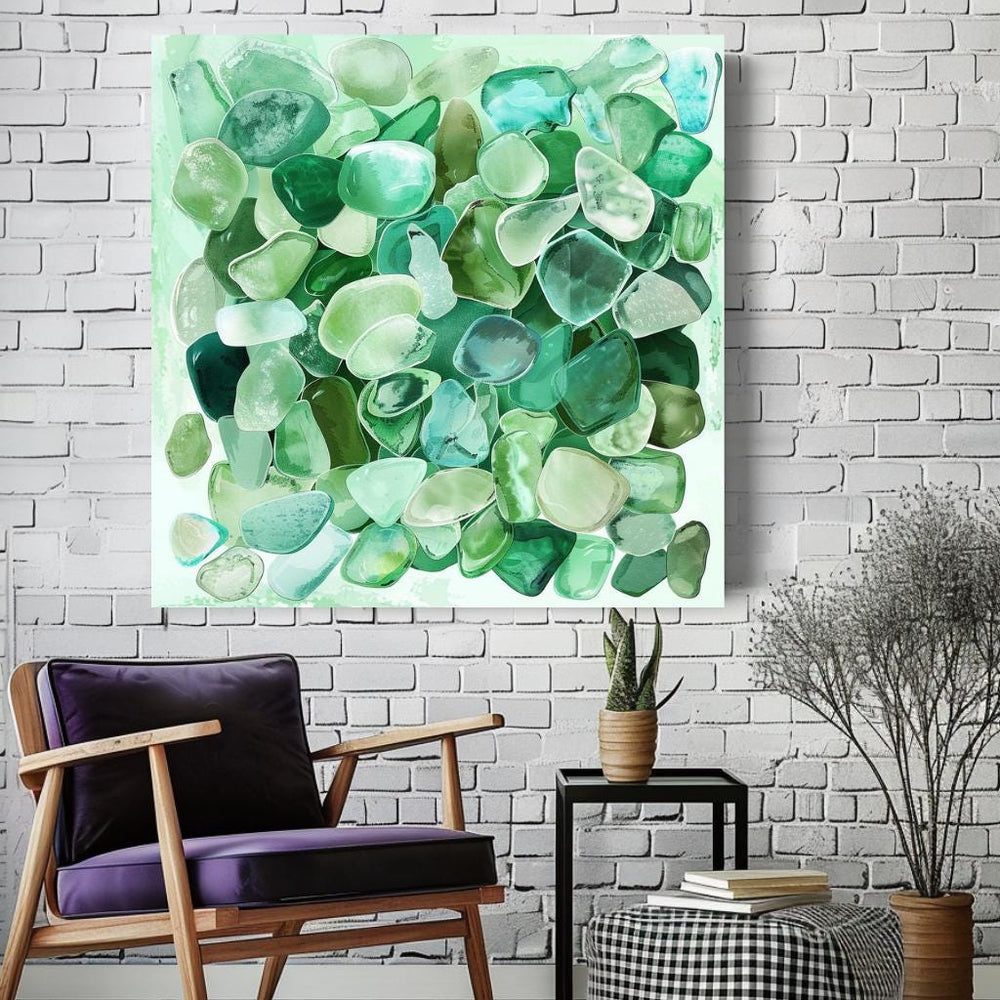 Seaglass Coastal Home Decor, Tropical Wall Art, Beach Decor, Green Wall Art, Ready To Hang Decor, Ocean Watercolor Canvas, Summer Stone Art