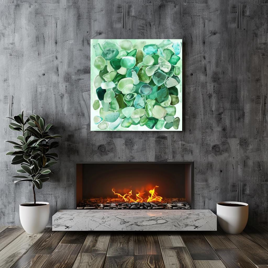 Seaglass Coastal Home Decor, Tropical Wall Art, Beach Decor, Green Wall Art, Ready To Hang Decor, Ocean Watercolor Canvas, Summer Stone Art