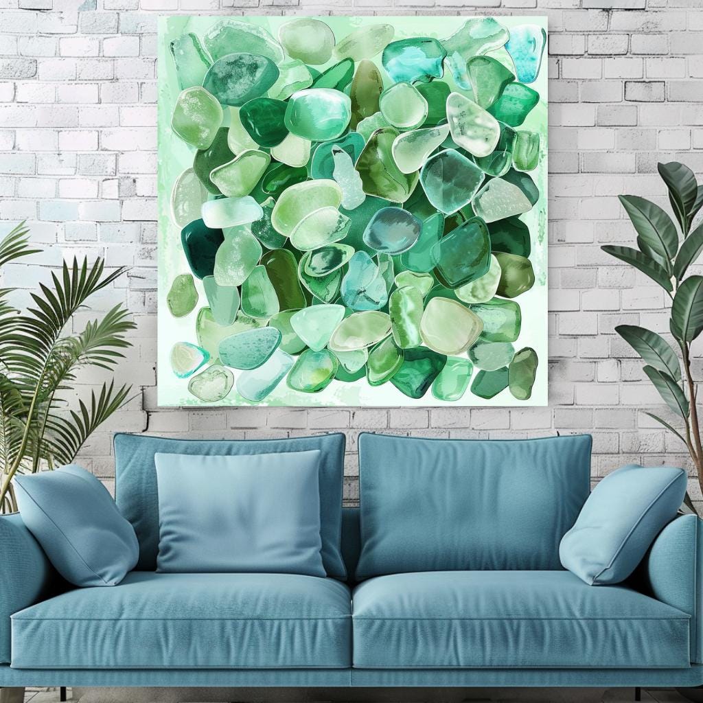 Seaglass Coastal Home Decor, Tropical Wall Art, Beach Decor, Green Wall Art, Ready To Hang Decor, Ocean Watercolor Canvas, Summer Stone Art