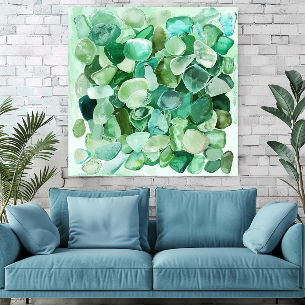 Seaglass Coastal Home Decor, Tropical Wall Art, Beach Decor, Green Wall Art, Ready To Hang Decor, Ocean Watercolor Canvas, Summer Stone Art