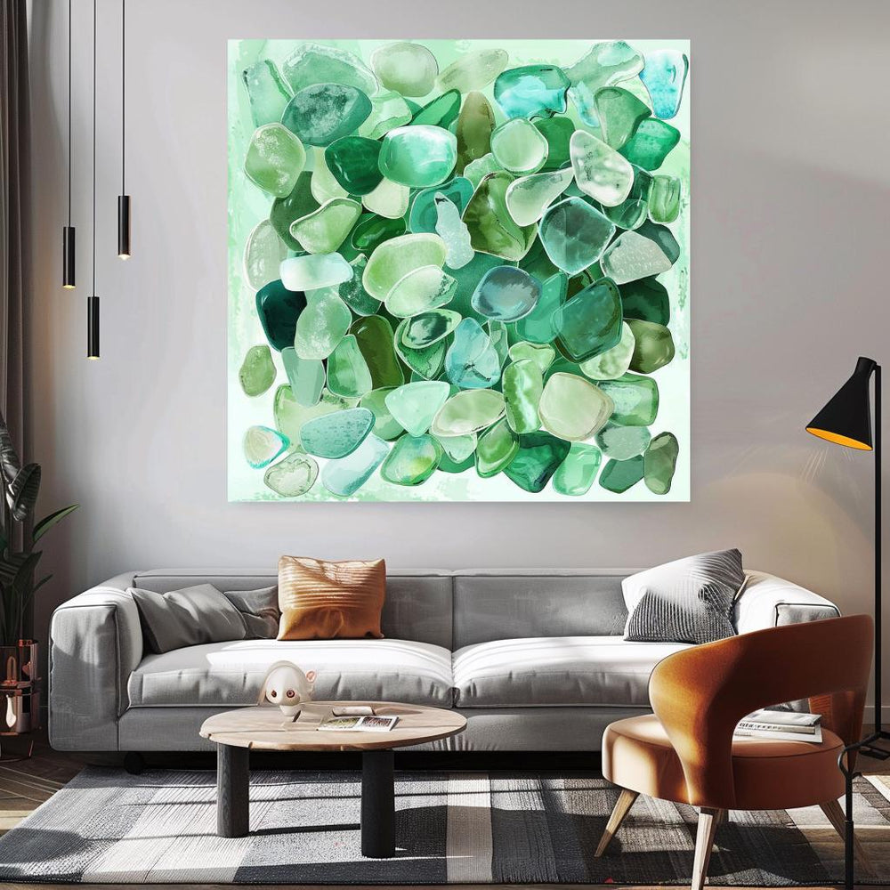 Seaglass Coastal Home Decor, Tropical Wall Art, Beach Decor, Green Wall Art, Ready To Hang Decor, Ocean Watercolor Canvas, Summer Stone Art