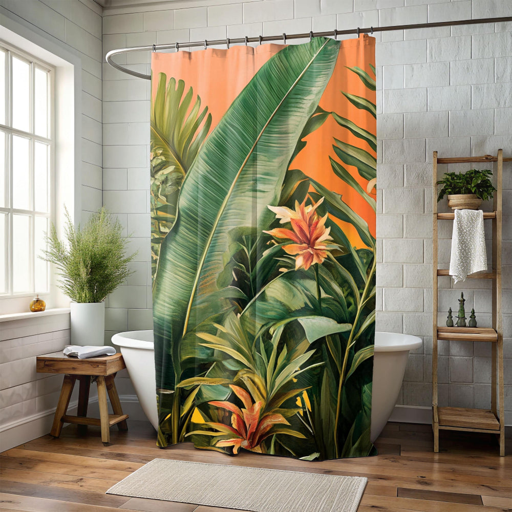 Tropical Botanical Shower Curtain, Nature-Inspired Bathroom, Vibrant Curtain Print Modern Tropical Vibes Bathroom Decor