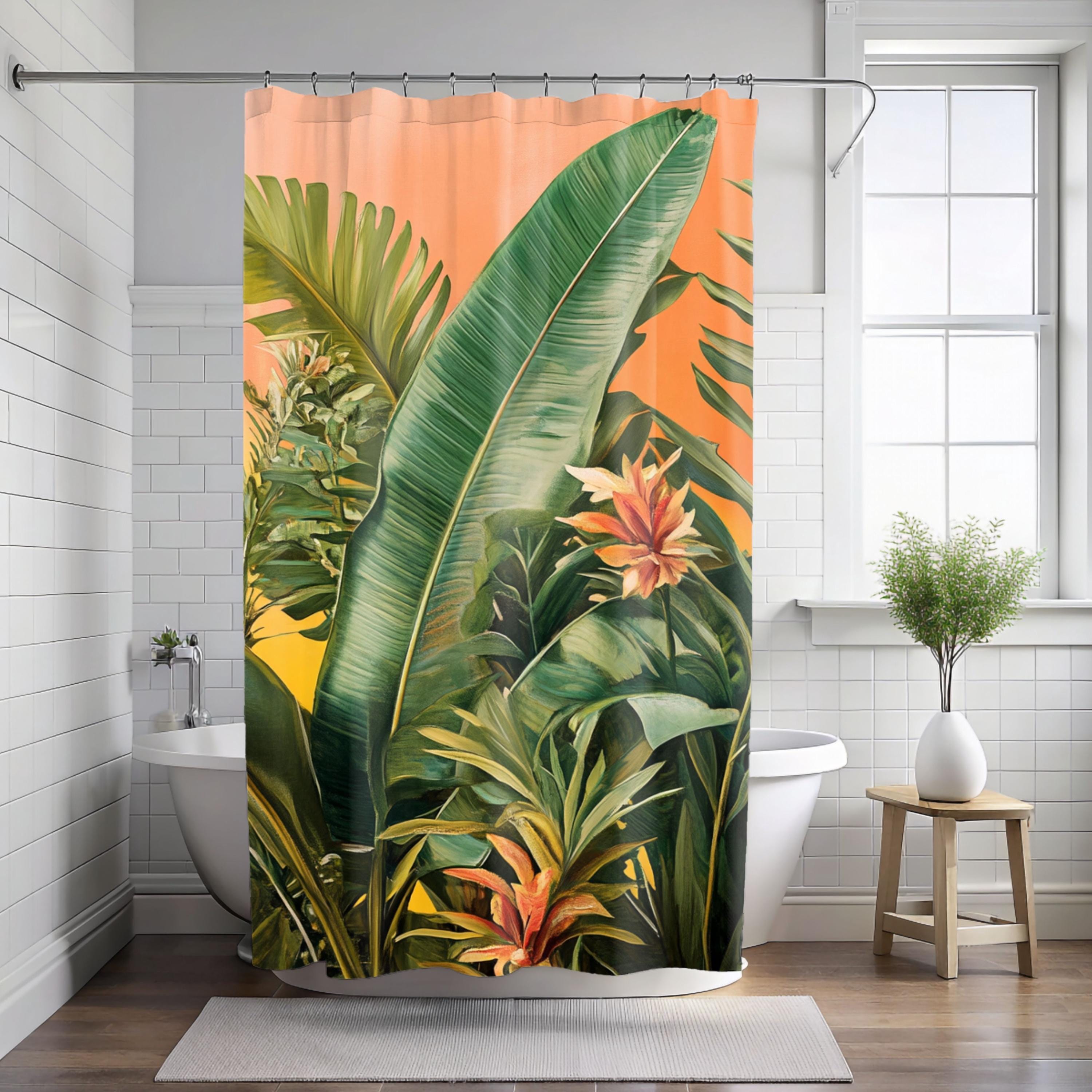 Tropical Botanical Shower Curtain, Nature-Inspired Bathroom, Vibrant Curtain Print Modern Tropical Vibes Bathroom Decor