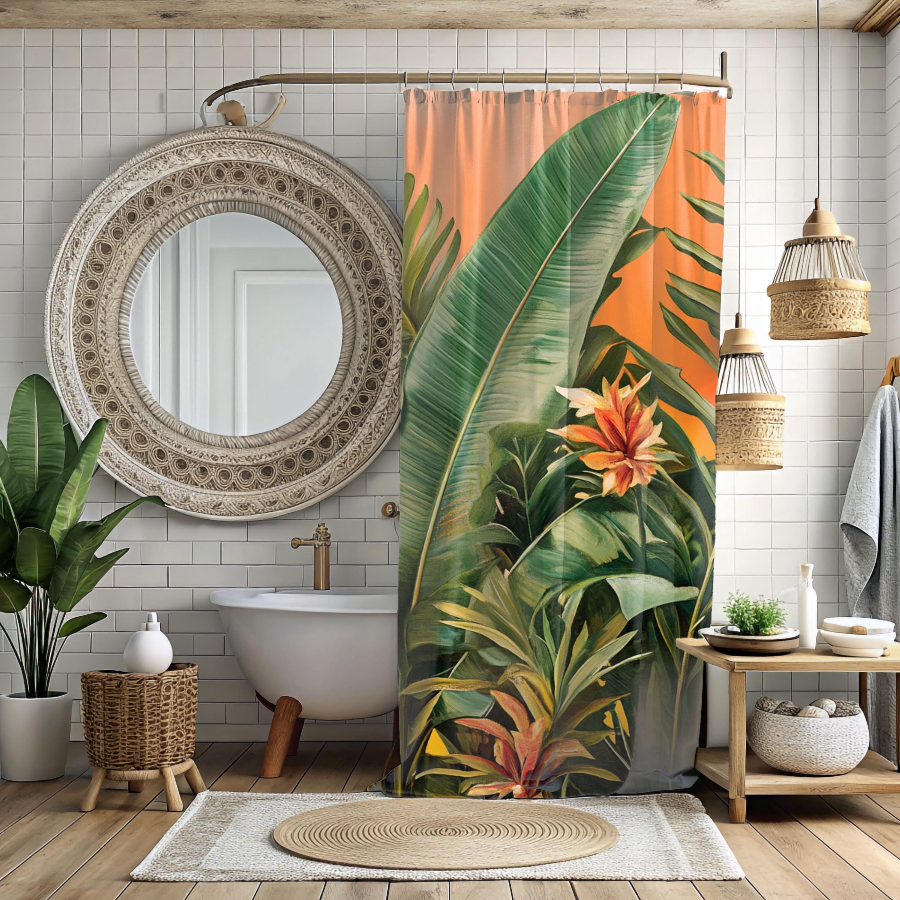 Tropical Botanical Shower Curtain, Nature-Inspired Bathroom, Vibrant Curtain Print Modern Tropical Vibes Bathroom Decor