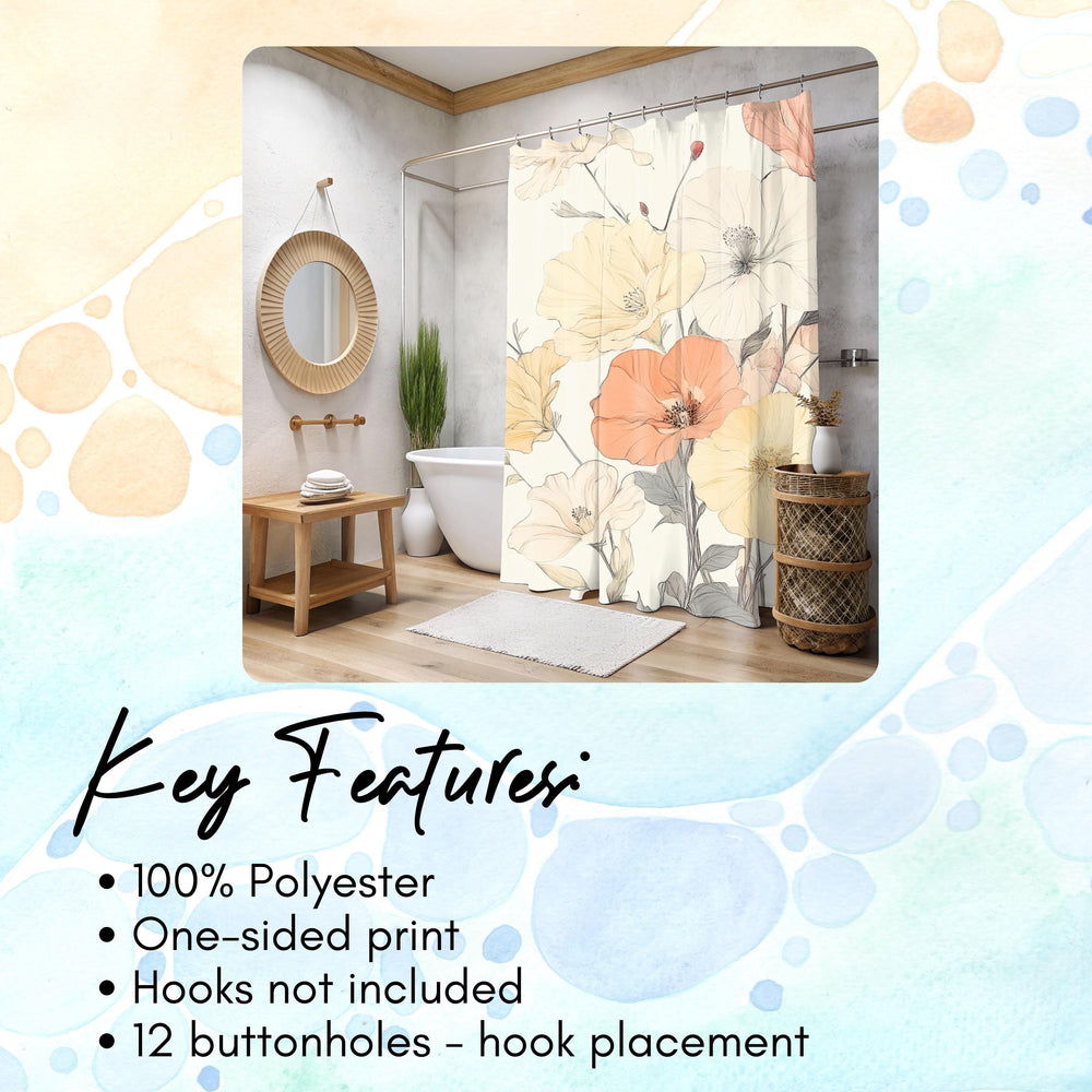 Soft Muted Pastel Flowers Shower Curtain, Botanical Bathroom Decor, Minimalist Bathroom Display Elegant Floral Pattern,Nature-Inspired Decor