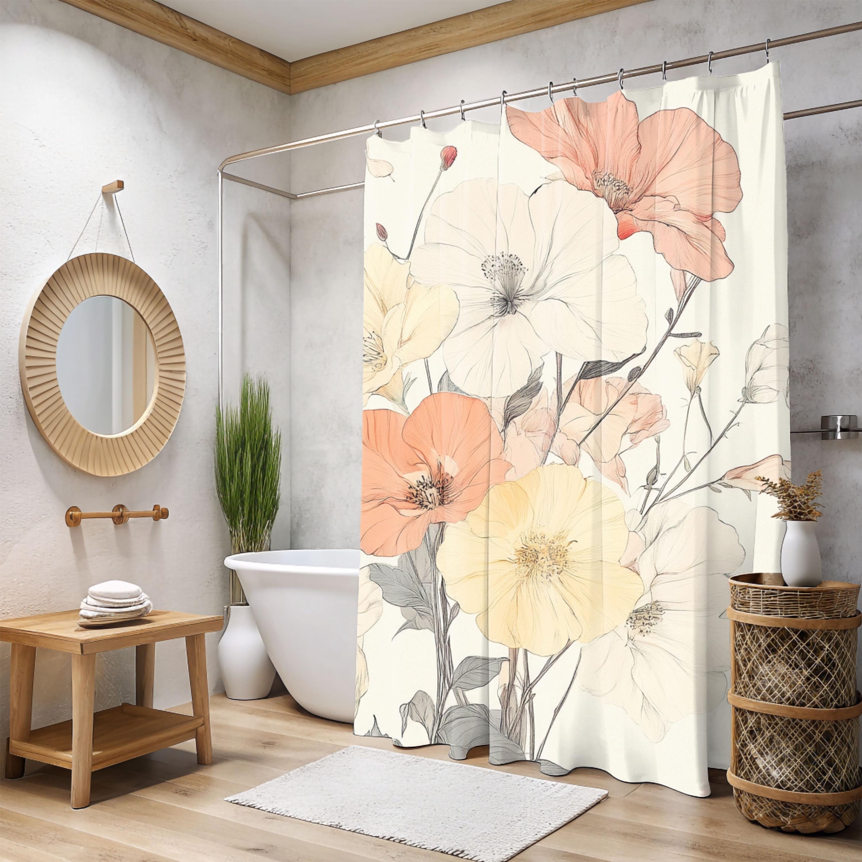 Soft Muted Pastel Flowers Shower Curtain, Botanical Bathroom Decor, Minimalist Bathroom Display Elegant Floral Pattern,Nature-Inspired Decor