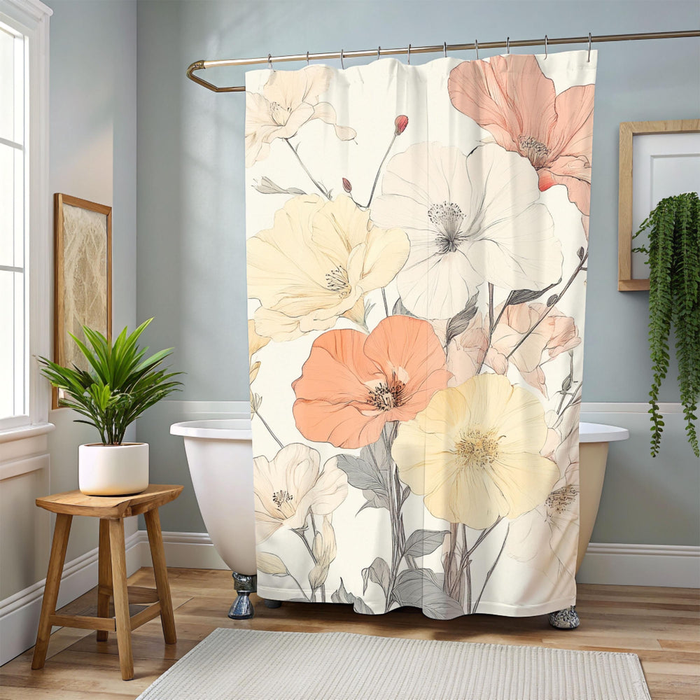Soft Muted Pastel Flowers Shower Curtain, Botanical Bathroom Decor, Minimalist Bathroom Display Elegant Floral Pattern,Nature-Inspired Decor