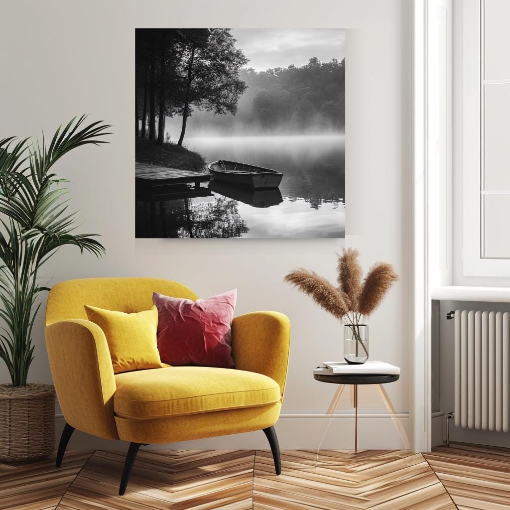 Morning Lake Wall Canvas, Forest Wall Art, Black and White Home Decor, Monochrome Framed Art, Nature Wall Decor, Mystical Lake Poster