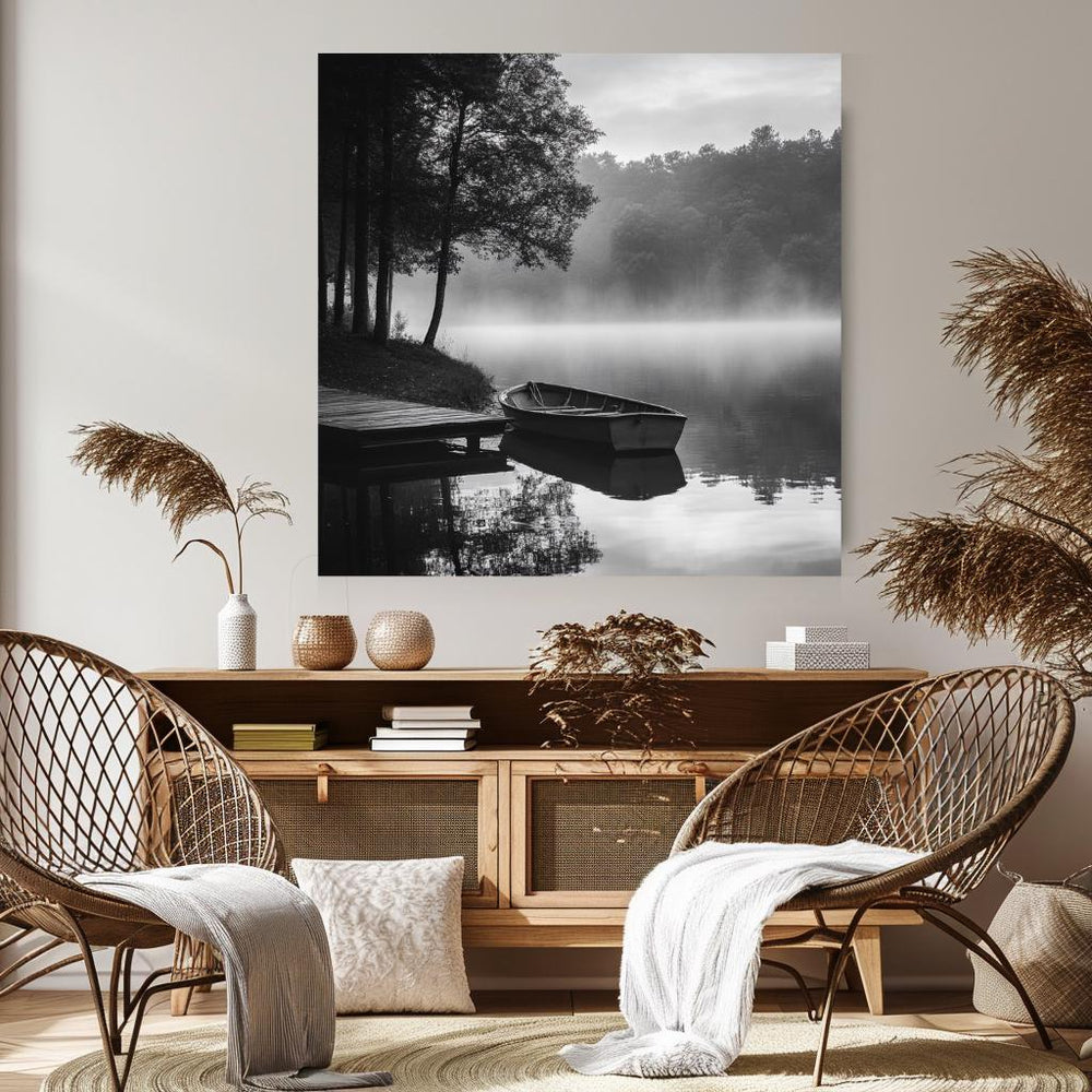 Morning Lake Wall Canvas, Forest Wall Art, Black and White Home Decor, Monochrome Framed Art, Nature Wall Decor, Mystical Lake Poster