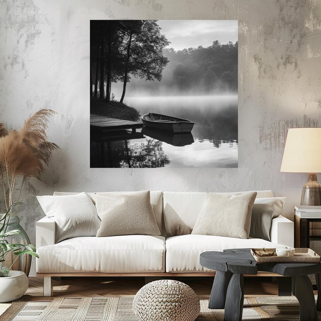 Morning Lake Wall Canvas, Forest Wall Art, Black and White Home Decor, Monochrome Framed Art, Nature Wall Decor, Mystical Lake Poster