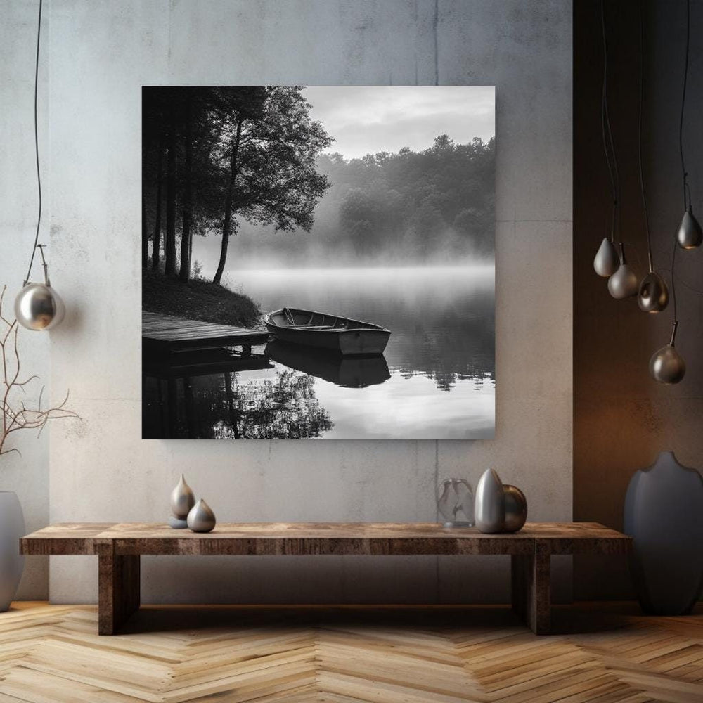 Morning Lake Wall Canvas, Forest Wall Art, Black and White Home Decor, Monochrome Framed Art, Nature Wall Decor, Mystical Lake Poster