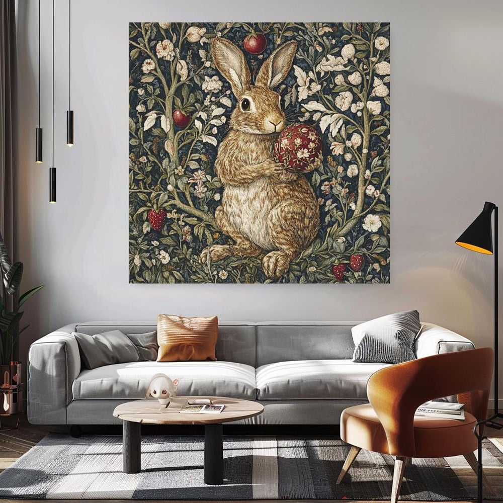 Vintage William Morris Bunny Wall Canvas Wall Art, Nature-Inspired Wall Art, Vintage Rabbit Wall Art, Nature Wall Art Decor