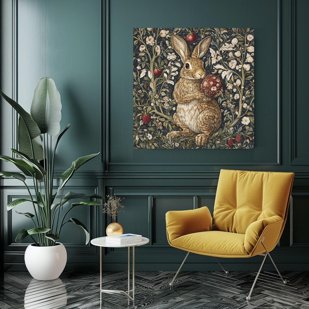 Vintage William Morris Bunny Wall Canvas Wall Art, Nature-Inspired Wall Art, Vintage Rabbit Wall Art, Nature Wall Art Decor