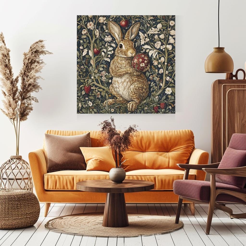 Vintage William Morris Bunny Wall Canvas Wall Art, Nature-Inspired Wall Art, Vintage Rabbit Wall Art, Nature Wall Art Decor