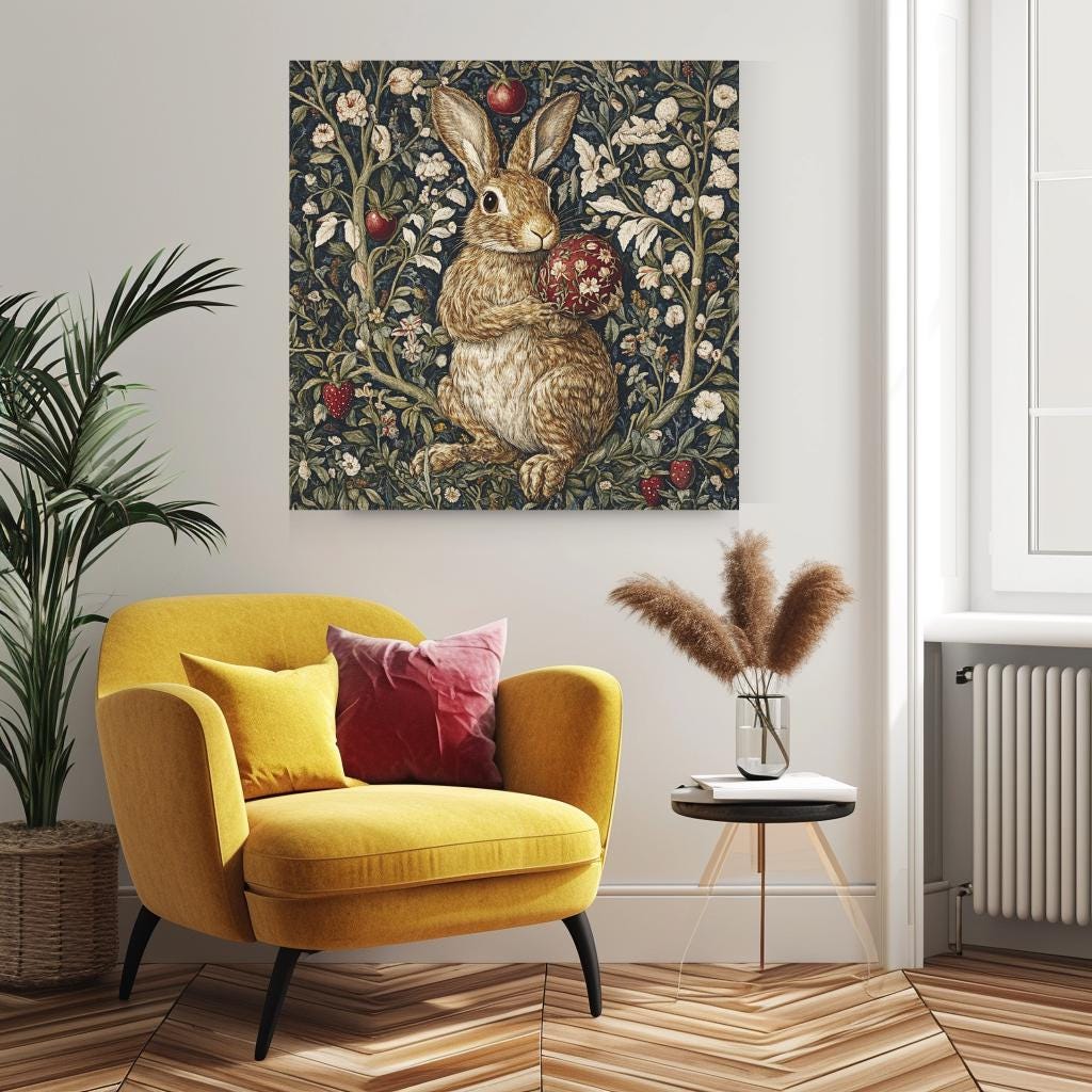 Vintage William Morris Bunny Wall Canvas Wall Art, Nature-Inspired Wall Art, Vintage Rabbit Wall Art, Nature Wall Art Decor