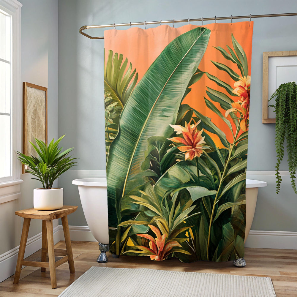 Tropical Botanical Shower Curtain, Nature-Inspired Bathroom, Vibrant Curtain Print Modern Tropical Vibes Bathroom Decor