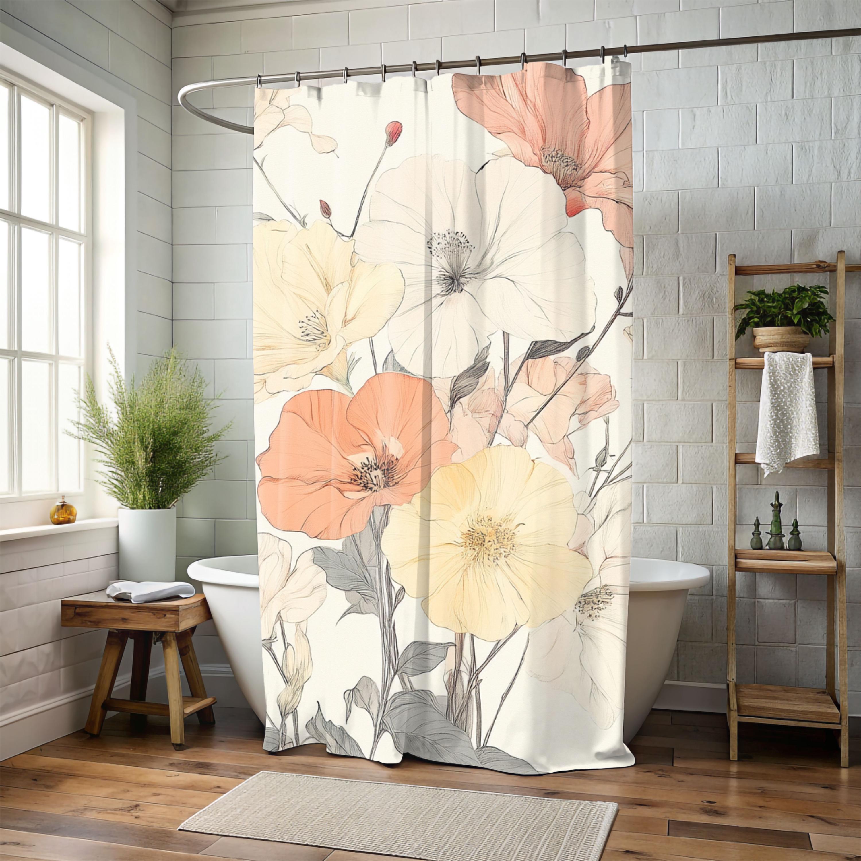 Soft Muted Pastel Flowers Shower Curtain, Botanical Bathroom Decor, Minimalist Bathroom Display Elegant Floral Pattern,Nature-Inspired Decor