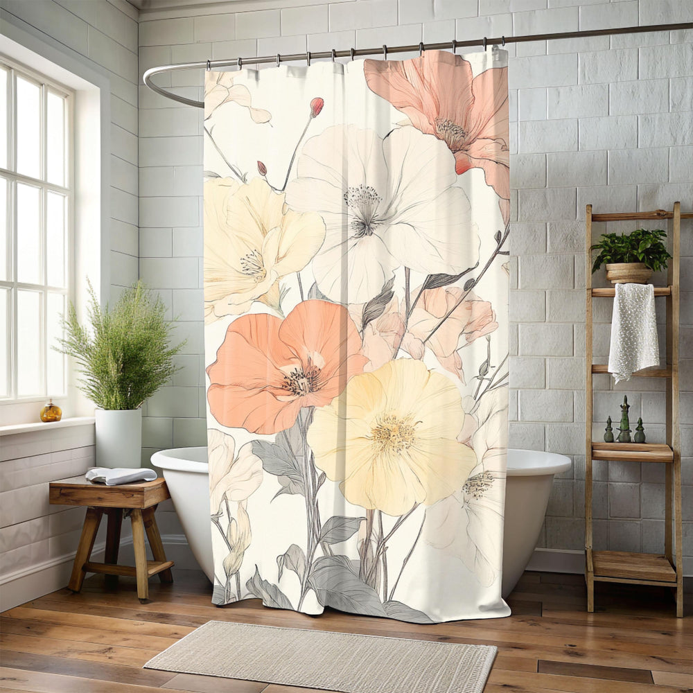 Soft Muted Pastel Flowers Shower Curtain, Botanical Bathroom Decor, Minimalist Bathroom Display Elegant Floral Pattern,Nature-Inspired Decor