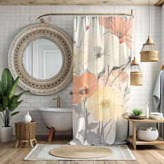 Soft Muted Pastel Flowers Shower Curtain, Botanical Bathroom Decor, Minimalist Bathroom Display Elegant Floral Pattern,Nature-Inspired Decor
