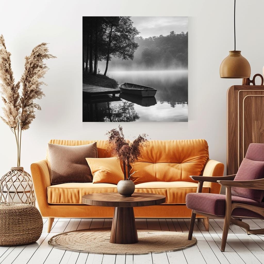 Morning Lake Wall Canvas, Forest Wall Art, Black and White Home Decor, Monochrome Framed Art, Nature Wall Decor, Mystical Lake Poster