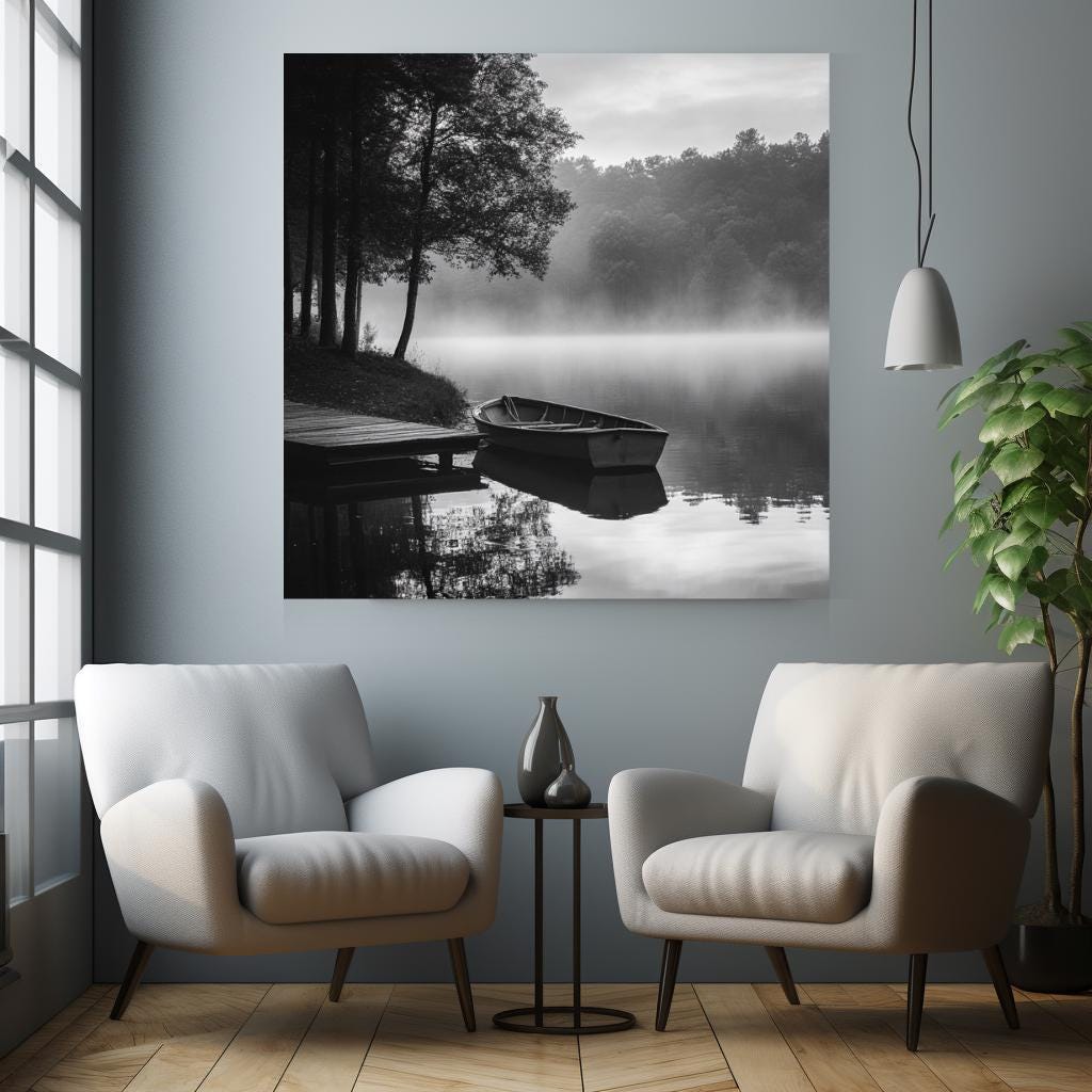 Morning Lake Wall Canvas, Forest Wall Art, Black and White Home Decor, Monochrome Framed Art, Nature Wall Decor, Mystical Lake Poster