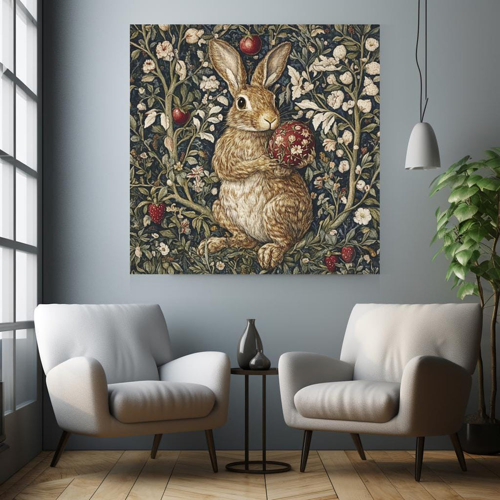 Vintage William Morris Bunny Wall Canvas Wall Art, Nature-Inspired Wall Art, Vintage Rabbit Wall Art, Nature Wall Art Decor