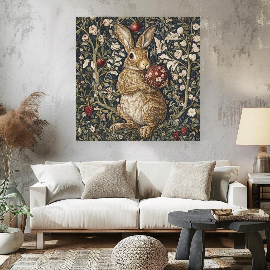 Vintage William Morris Bunny Wall Canvas Wall Art, Nature-Inspired Wall Art, Vintage Rabbit Wall Art, Nature Wall Art Decor