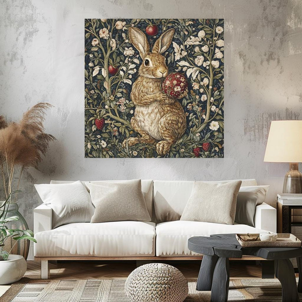 Vintage William Morris Bunny Wall Canvas Wall Art, Nature-Inspired Wall Art, Vintage Rabbit Wall Art, Nature Wall Art Decor
