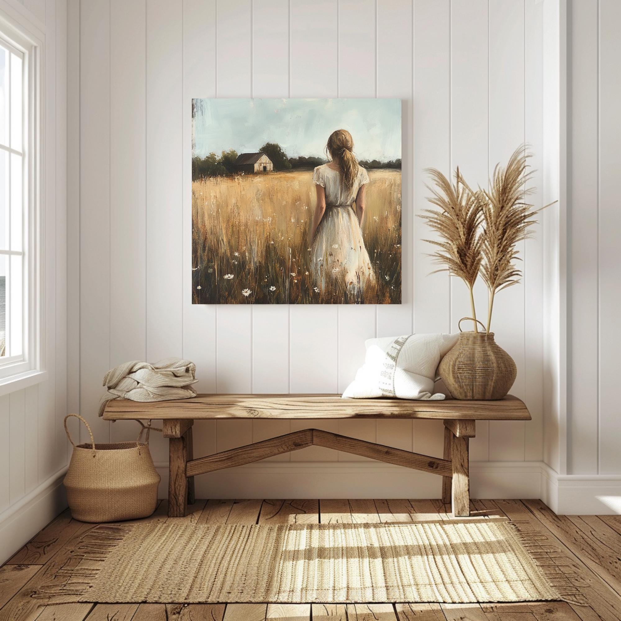 Serene Country Girl Canvas Art, Rustic Farmhouse Decor, Vintage Meadow Scene with Wildflowers, Ready to Hang Wall Decor