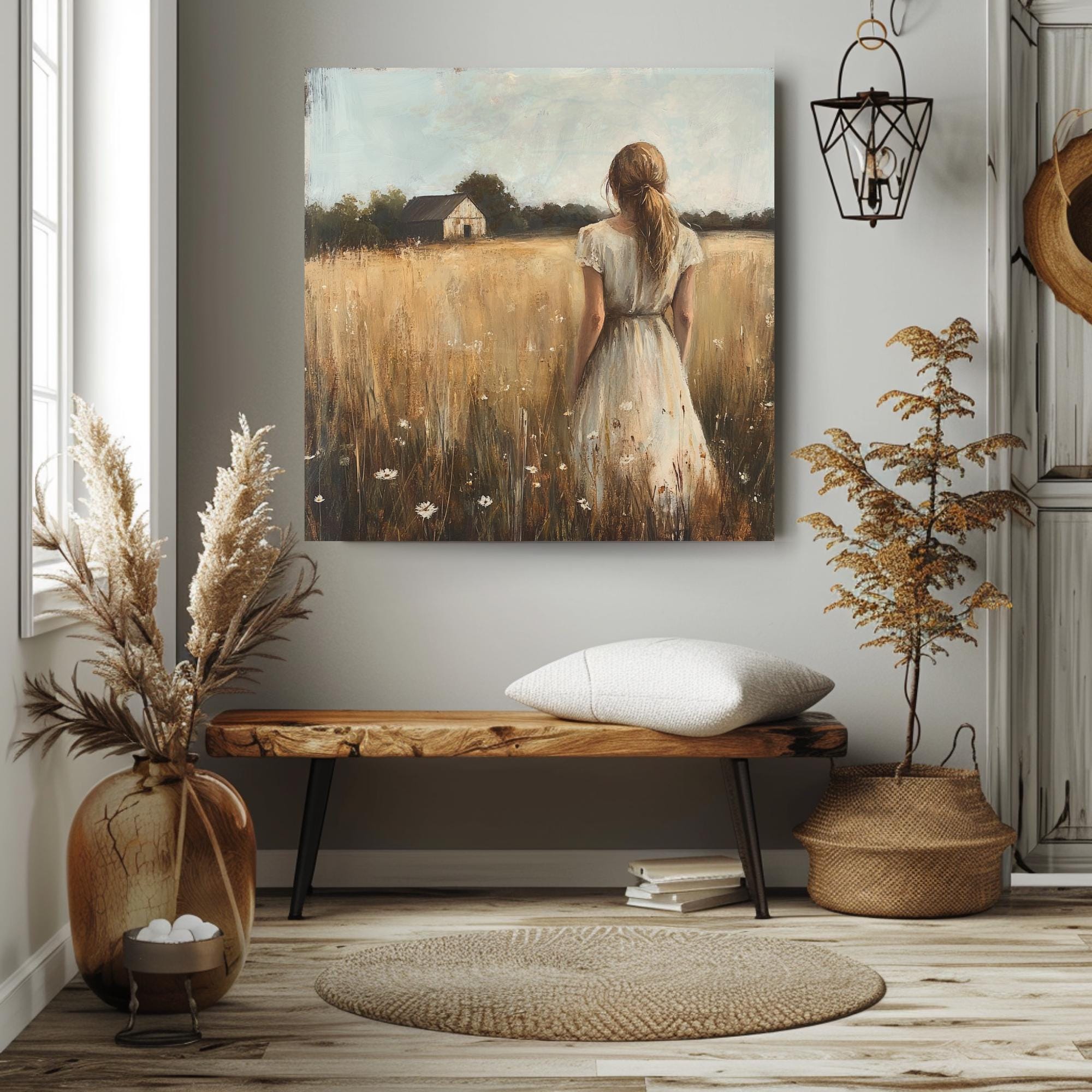 Serene Country Girl Canvas Art, Rustic Farmhouse Decor, Vintage Meadow Scene with Wildflowers, Ready to Hang Wall Decor