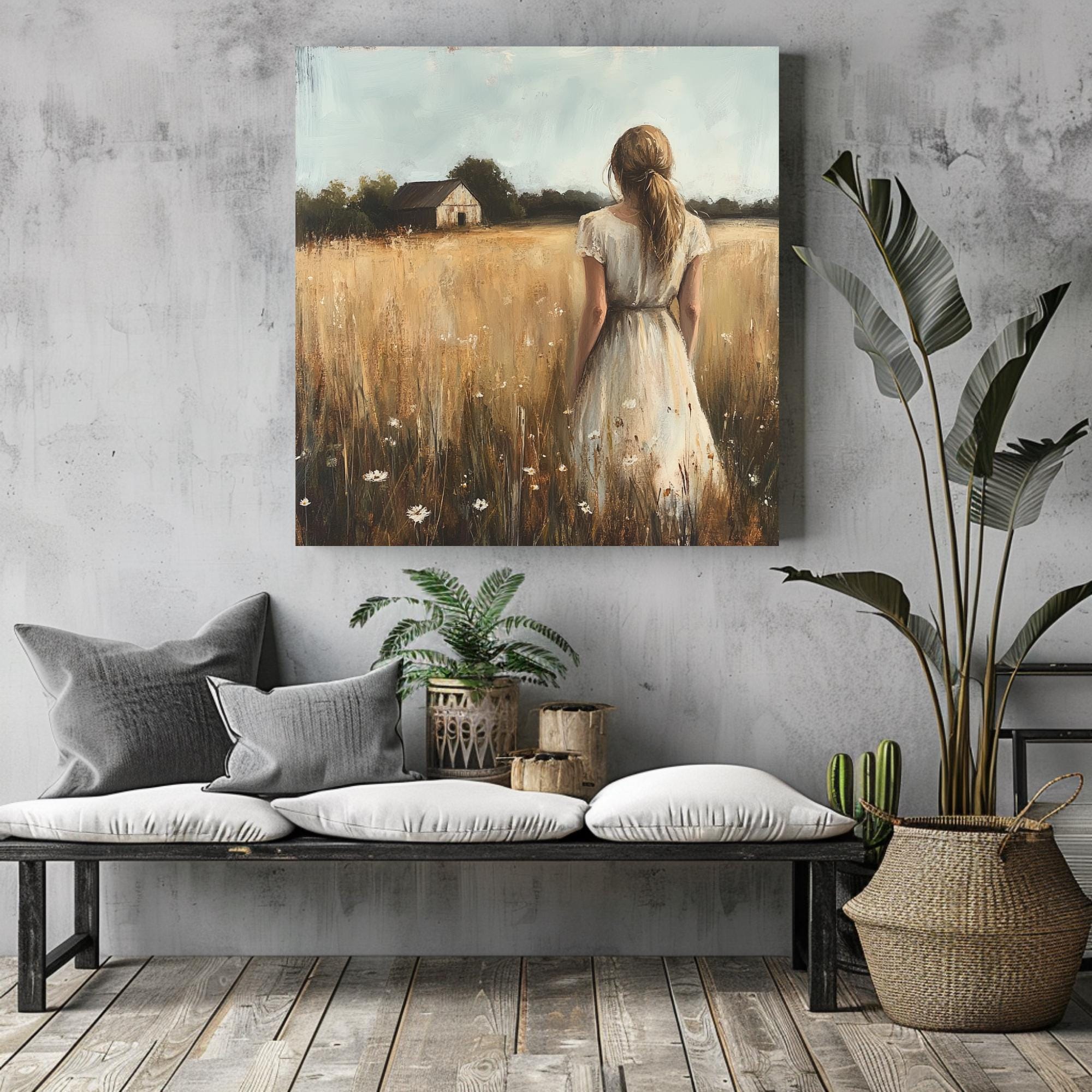 Serene Country Girl Canvas Art, Rustic Farmhouse Decor, Vintage Meadow Scene with Wildflowers, Ready to Hang Wall Decor